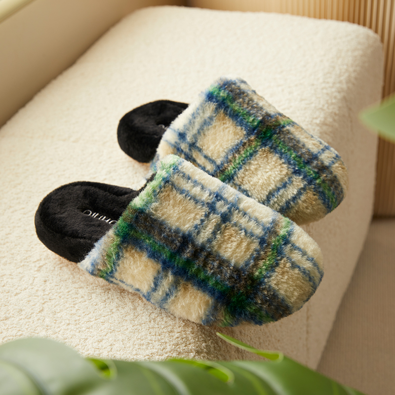 复古棉拖鞋女秋冬季格纹保暖居家室内情侣防滑毛绒高级感静音时尚