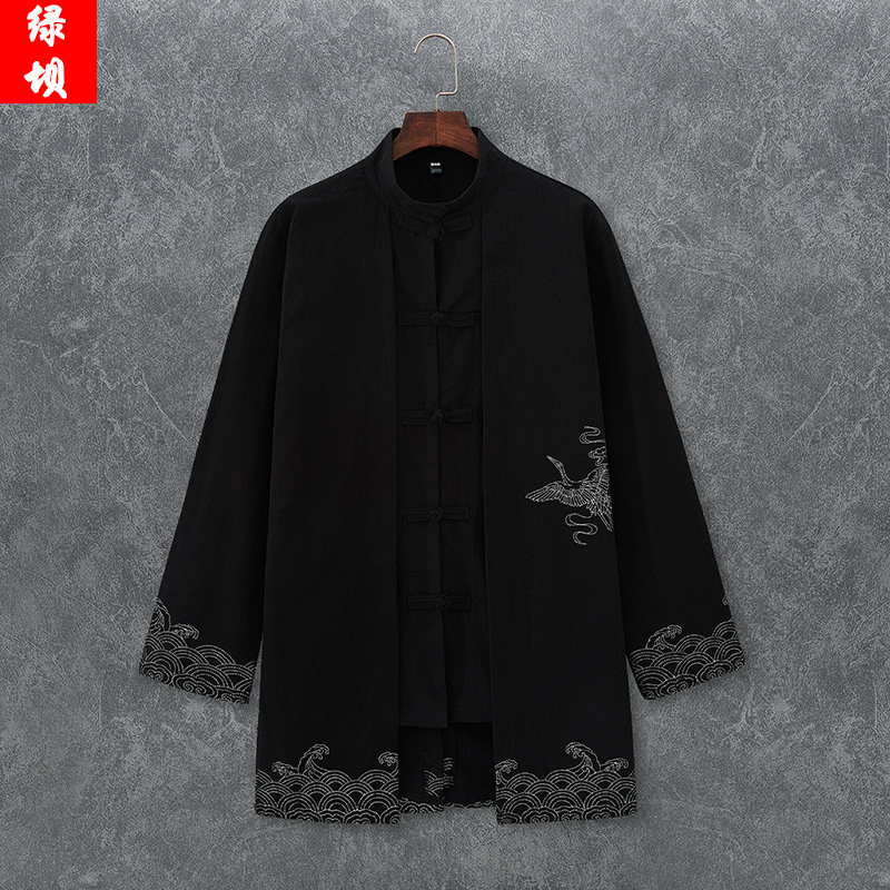 中长款春秋男士夹克外套亚麻上衣中国风印花复古盘扣男装宽松风衣