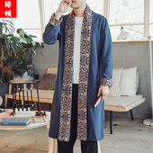 春秋复古唐装 披风大码 外套 风衣休闲拼接印花新款 中国风男汉服长衫