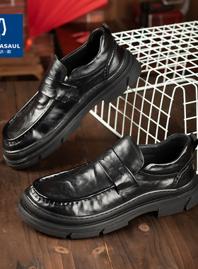帕达索休闲皮鞋男真皮一脚蹬乐福鞋黑色英伦风商务正装单鞋230202