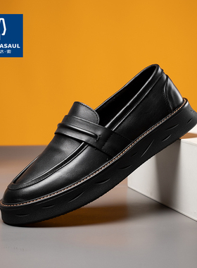 帕达索真皮乐福鞋新款男士一脚蹬懒人鞋套脚皮鞋软底豆豆鞋230510