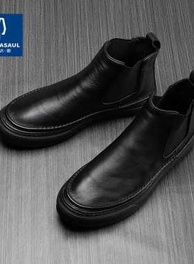 帕达索冬季马丁靴男真皮中帮英伦高帮皮鞋男厚底加绒短靴潮201208