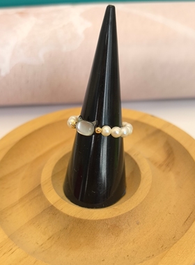 天然珍珠戒指女贝母黑猫3～4MM小米珠编织可调节可定制手围指环