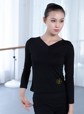 红舞鞋长袖V领舞蹈T恤 练功上衣广场舞健美操上衣健身跳操服35013