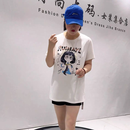 1719芮娜依莲初夏新品一手长美背卡通图案减龄T恤衫加大码女装