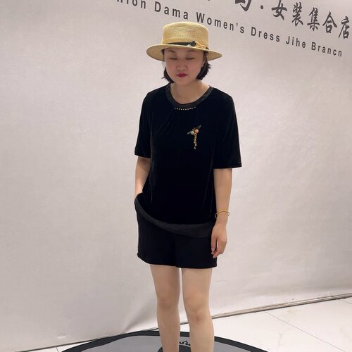 6337女权贵族初秋新品醋酸丝绒拼接底边欧根纱简洁气质衫加大码