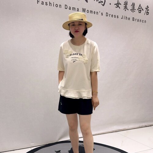 6175女权贵族初秋新品重工图案棉料拼接百搭减龄半袖加大码女装