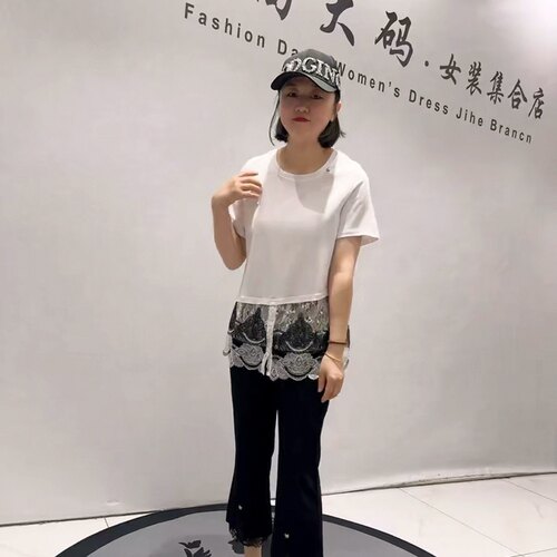 3971女权贵族夏款新品拼接蕾丝设计感底边开衩气质衫加大码女装