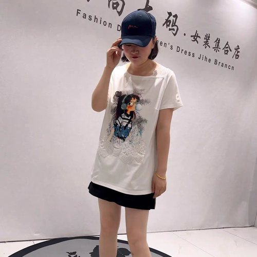 5615芮娜依莲夏款新品一手长重工拼接蕾丝时尚T恤衫加大码女装