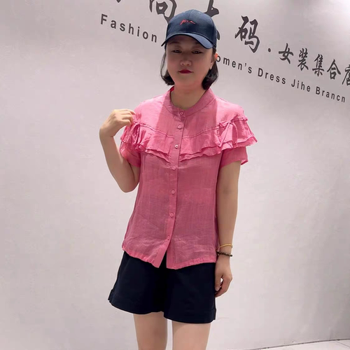 3003女权贵族夏款新品底边可抽绳设计感荷叶边气质衫加大码女装