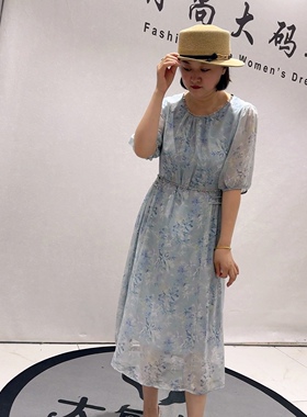 3621女权贵族夏款新品单层袖口女人味显瘦碎花连衣裙加大码女装