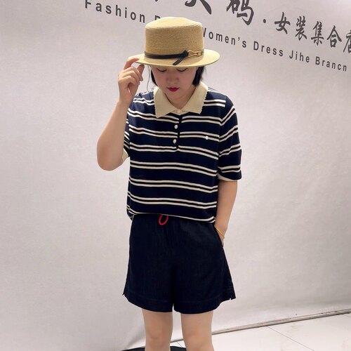 6333女权贵族初秋新品polo领针织面料百搭减龄条纹衫加大码女装