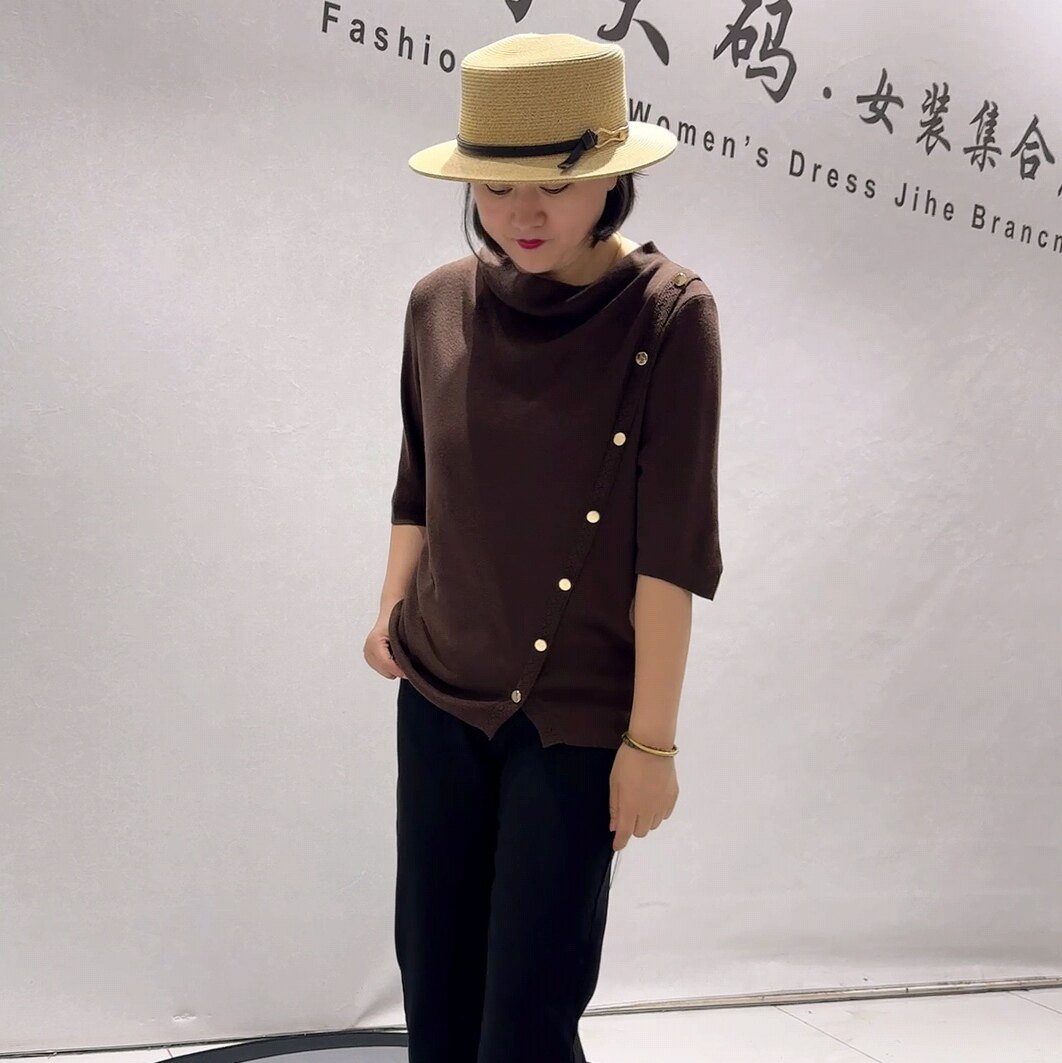 8327女权贵族秋款新品针织面料六分袖简约时尚洋气衫加大码女装