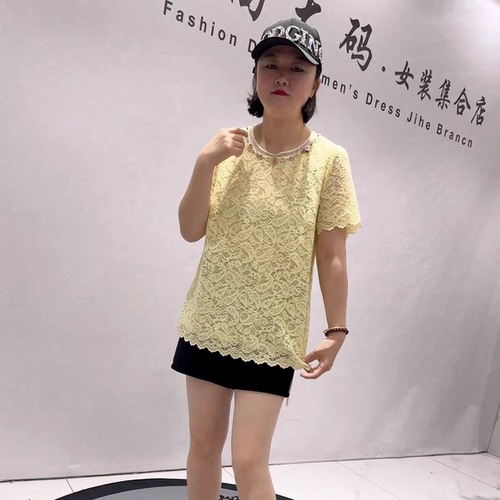 5887芮娜依莲初夏新品简洁大方女人味气质风蕾丝短袖加大码女装