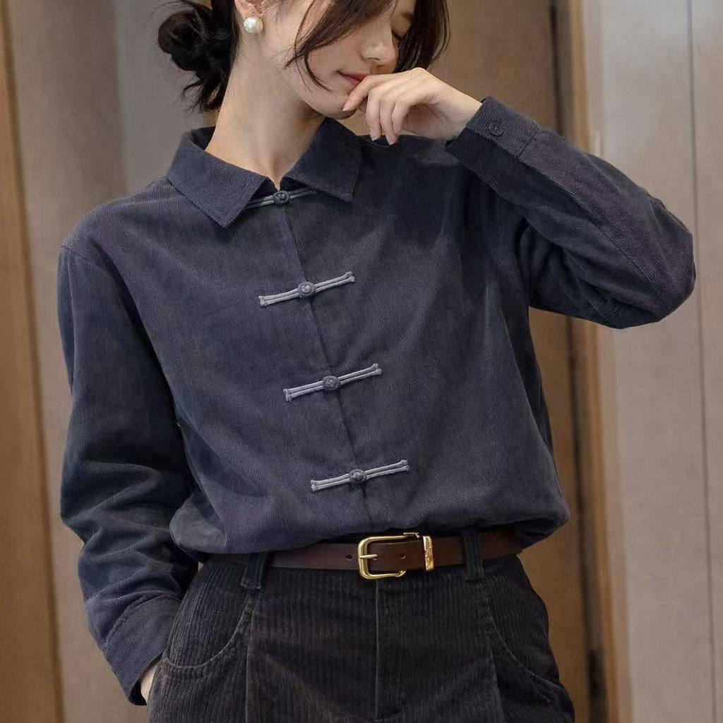 新中式盘扣衬衫女2025年秋冬灯芯绒翻领百搭小个子独特高级上衣潮