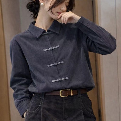 新中式盘扣衬衫女2025年秋冬灯芯绒翻领百搭小个子独特高级上衣潮