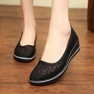 一字坡跟美容院黑色工作防臭软底防滑底 网面护士鞋 夏季 老北京布鞋