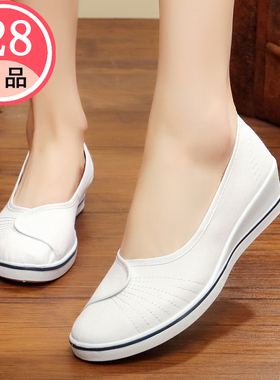 正品老北京布鞋女鞋一字护士鞋白色坡跟工作鞋软牛筋底透气美容鞋