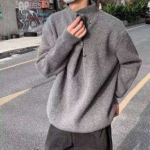 半高领纽扣设计感毛衣男款韩版cleanfit高级感痞帅慵懒套头针织衫