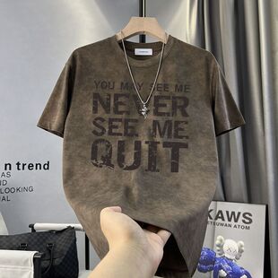 复古潮休闲水洗做旧半袖 t恤男夏季 小众痞帅体恤 高街潮牌短袖 美式