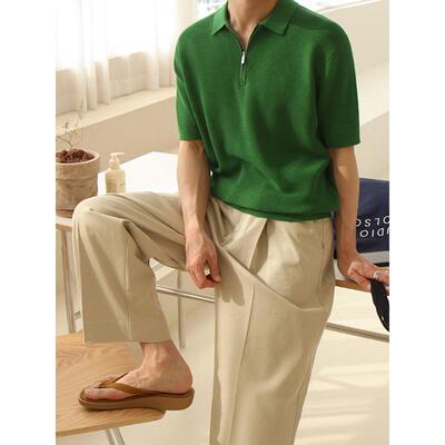 高品质针织短袖Polo衫男夏季新款韩版商务通勤半拉链宽松休闲T恤