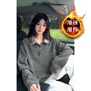 美式重磅雪尼尔加绒卫衣男女款秋冬季针织翻领长袖t恤加厚polo衫