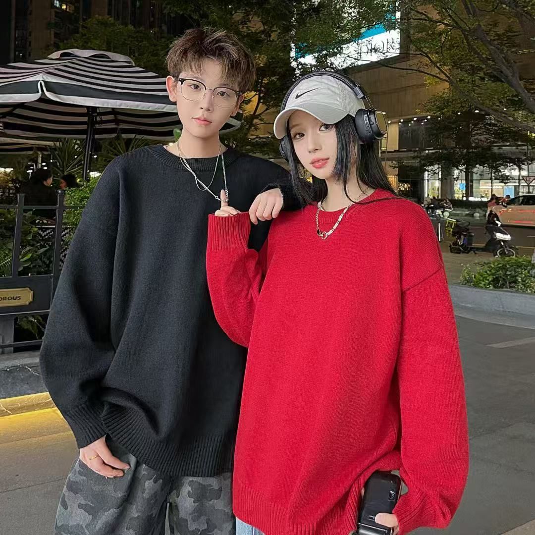 复古红色过年针织毛衣秋冬季高级感慵懒风春秋款情侣装上衣男女潮