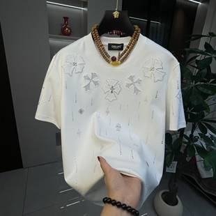 夏季新款男款短袖克罗十字潮牌T恤圆领轻奢流星满钻重工情侣半袖