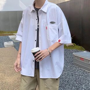 韩风chic外套男小众夏季款宽松潮牌ins短袖贴标衬衫chic港味上衣