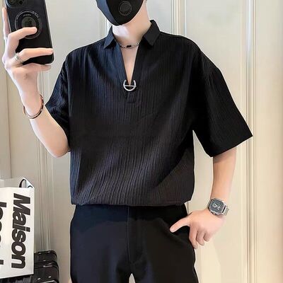 轻奢风坑条polo衫男高级感修身冰丝短袖cityboy休闲百搭翻领t恤潮