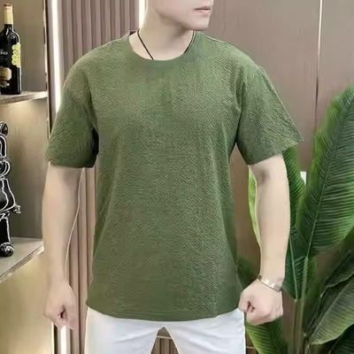 冰丝短袖t恤男夏季潮牌高级感肌理泡泡纱宽松圆领休闲半袖上衣服