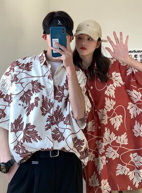 cec沙滩凉快花式衬衫ins短袖男女宽松痞帅日系复古潮流碎花衬衣