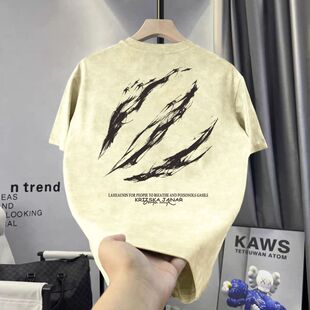 美式高街爪痕设计印花扎染做旧短袖T恤男女夏季宽松情侣百搭上衣
