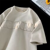 夏季 2025新款 潮牌美式 凹凸字母麂皮绒T恤男短袖 重磅半袖 情侣上衣