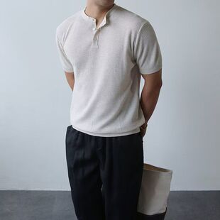高级感穿搭短款 雅痞风亨利领针织短袖 夏季 男款 收腰白色t恤 polo衫