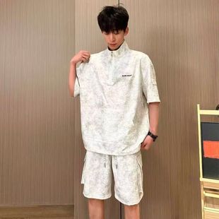 短裤 宽松百搭工装 polo衫 休闲情侣两件套 美式 扎染运动套装 夏季 男士
