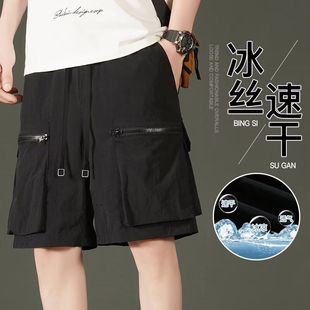 短裤男夏季美式多口袋工装五分裤冰丝速干运动裤2025新款黑色裤子