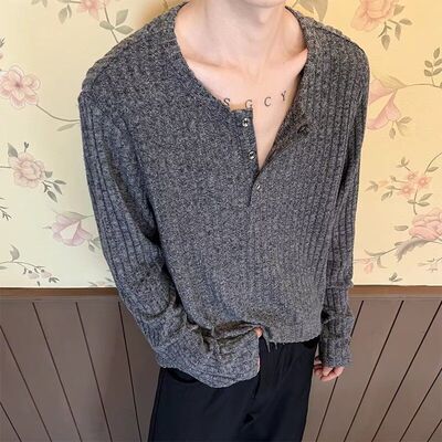 老钱风复古亨利领长袖T恤秋季条纹肌理感慵懒风套头衫休闲风外套