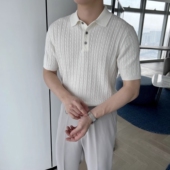 编织绞花纹理t恤痞帅高级半袖 男夏季 短袖 老钱风海鸥领针织polo衫