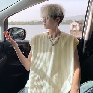 美式V领无袖背心男夏季透气坎肩男士潮流百搭t恤运动上衣男生痞帅
