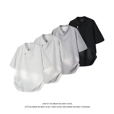 浅灰色斜襟半拉链短袖男夏季正肩立领t恤cleanfit美式情侣半截袖