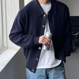 日系百搭纯色纽扣开衫男针织衫秋冬季爆款翻领叠穿修身毛衣外套男
