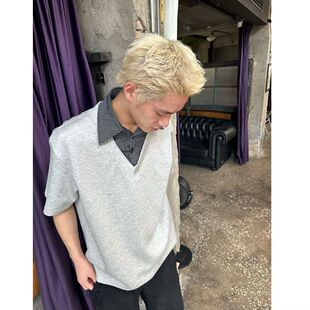 花灰色假两件短袖男款夏季美式拼接衬衫领t恤重磅七分袖V领polo杉