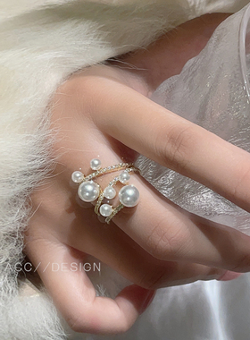 复古多层缠绕珍珠气质开口戒指女小众设计感高级感可调节食指戒子