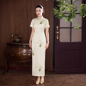 长款 2025夏季 日常短袖 印花旗袍高端气质素雅连衣裙白色新中式 新款