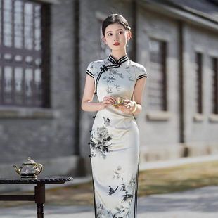 2026真丝旗袍女桑蚕丝高端国风水墨画定位花长款双层改良复古优雅