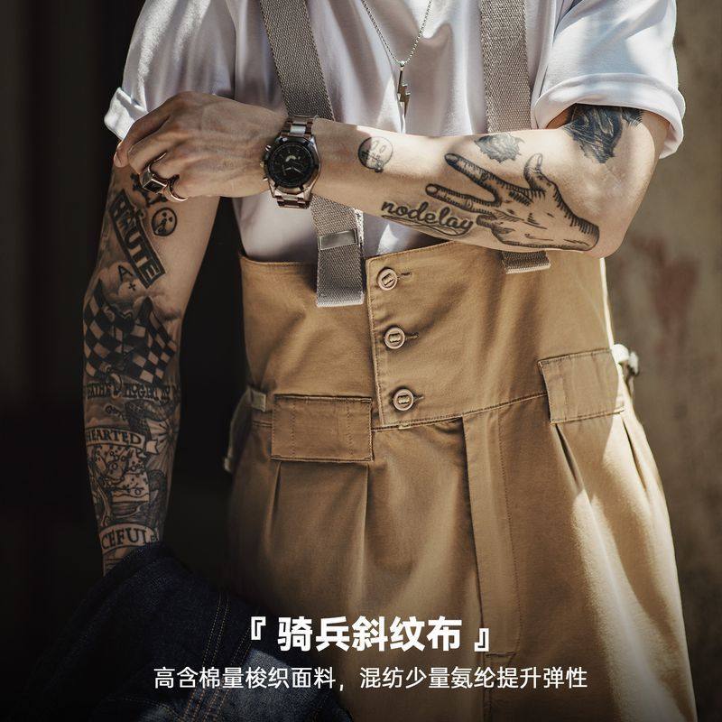 马登工装美式复古宽松BF直筒背带裤阿美咔叽休闲连体吊带长裤子男