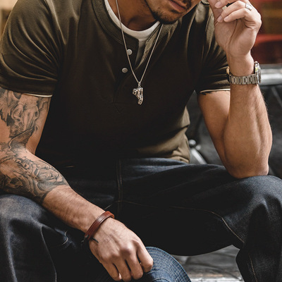 硬汉亨利衫夏季微弹T恤