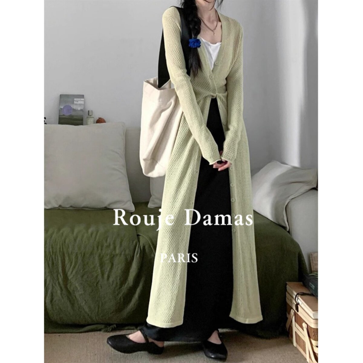 Rouje Damas绿色针织防晒开衫女薄款披肩吊带连衣裙外搭长款罩衫