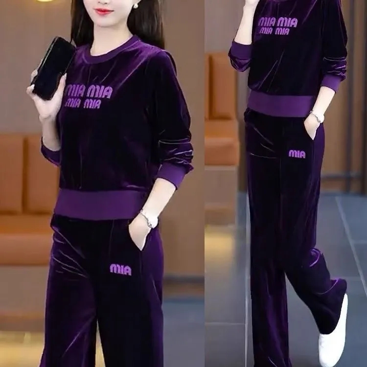 金丝绒运动服套装女2025秋冬季新款时尚休闲圆领卫衣阔腿裤两件套